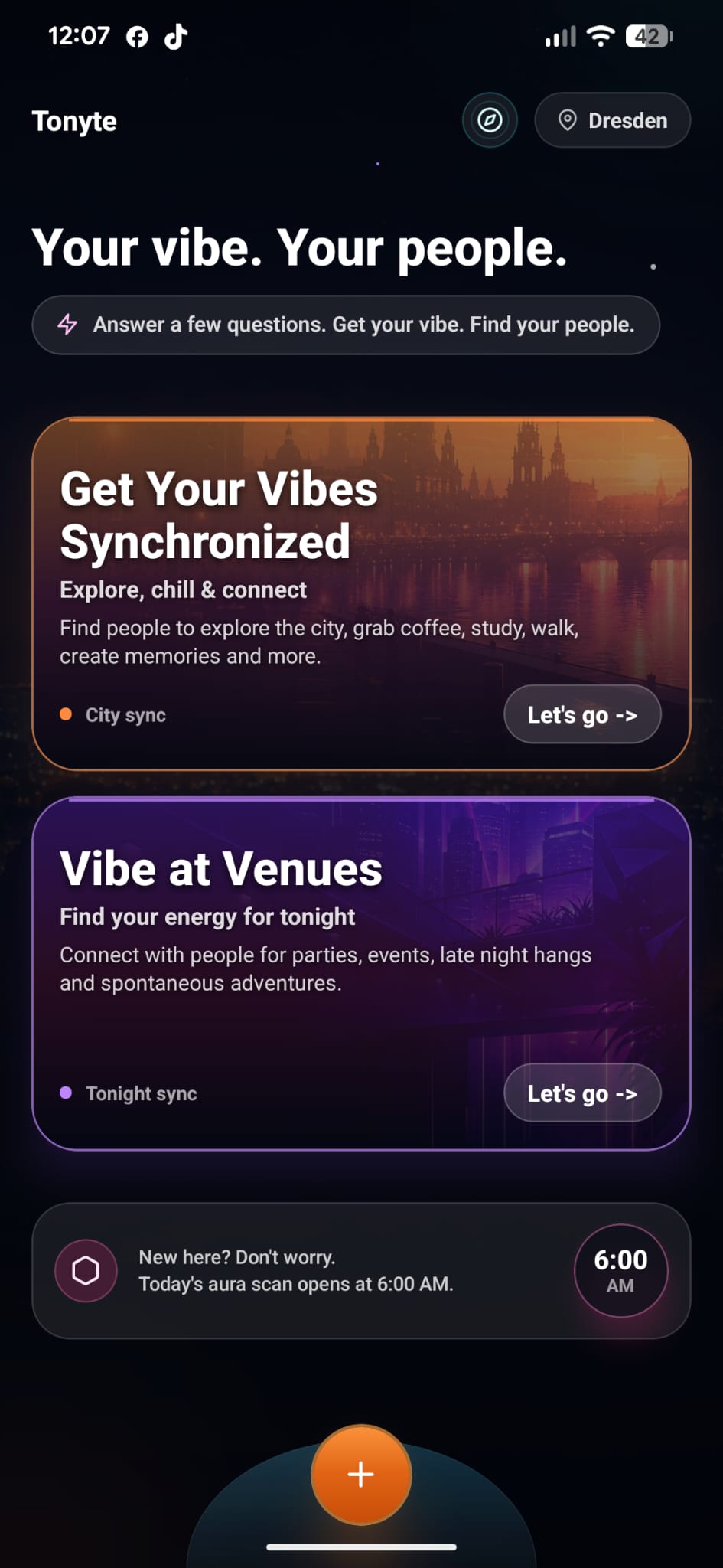 Tonyte Vibes home screen showing city and venue sync options