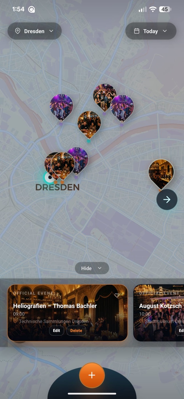 Tonyte map screen showing events around Dresden